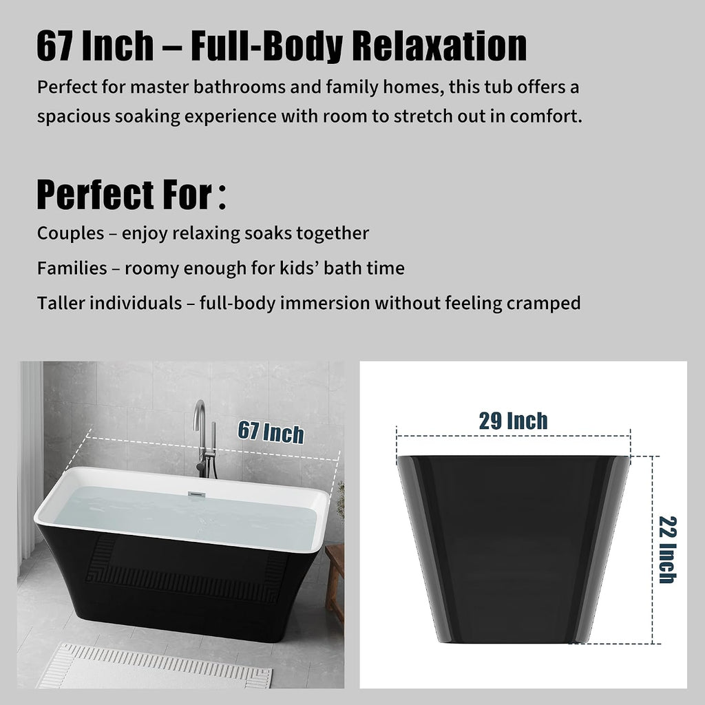 Freestanding Bathtubs 67 Inch, Extra Large Freestanding Bathtub, Acrylic Stand Alone Tub with Chrome Drain, Black Exterior White Interior Oval Soaking Tub for Bathroom or Guest Use