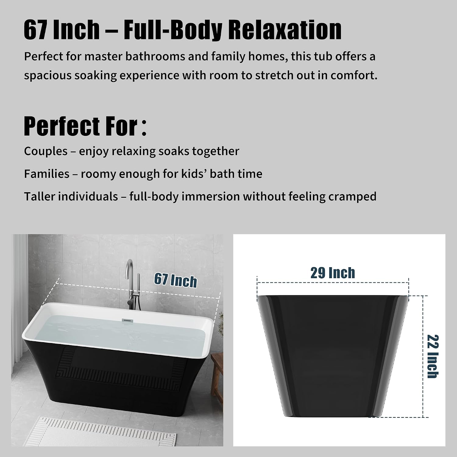 Freestanding Bathtubs 67 Inch, Extra Large Freestanding Bathtub, Acrylic Stand Alone Tub with Chrome Drain, Black Exterior White Interior Oval Soaking Tub for Bathroom or Guest Use