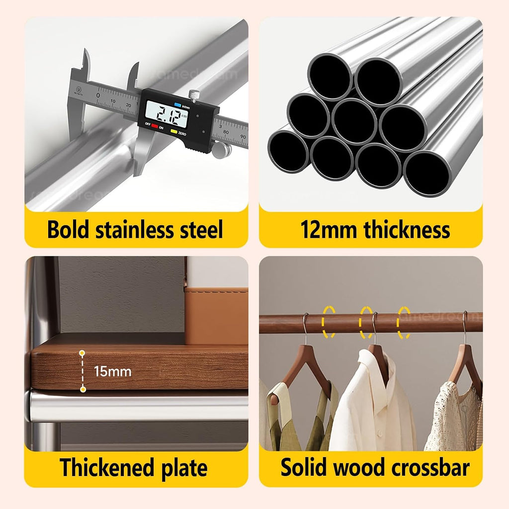 Clothes Rack With Wheels,Portable Rolling Garment Rack For Hanging Clothes,2-layer Shelf,Combination Of Stainless Steel And Solid Wood,Suitable For Entrance,Bedroom,Clothing Store(Black)