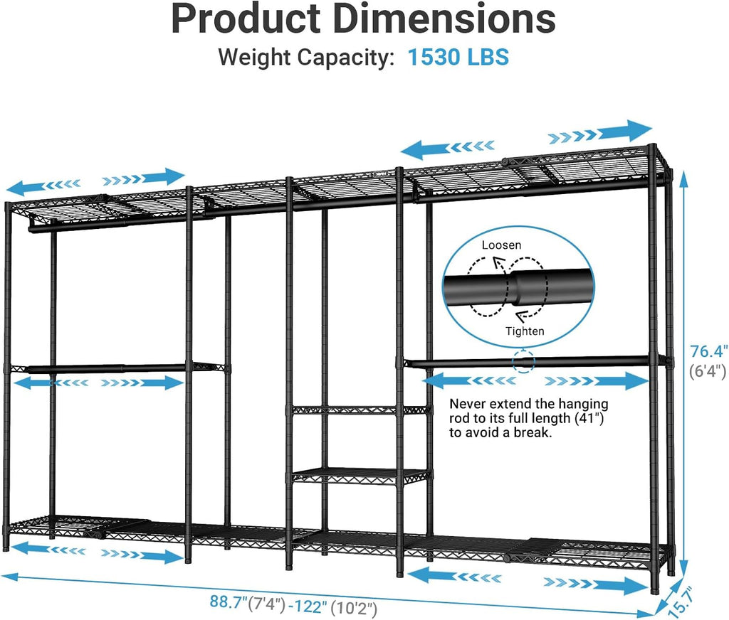 VIPEK X4 Expandable Heavy Duty Clothes Rack, Adjustable from 7'4' to 10'2' with Adjustable Shelves and Hanger Rods, Large Wardrobe Closet Reach-in & Walk-in Closet Metal Clothing Rack, 1530 LBS, Black