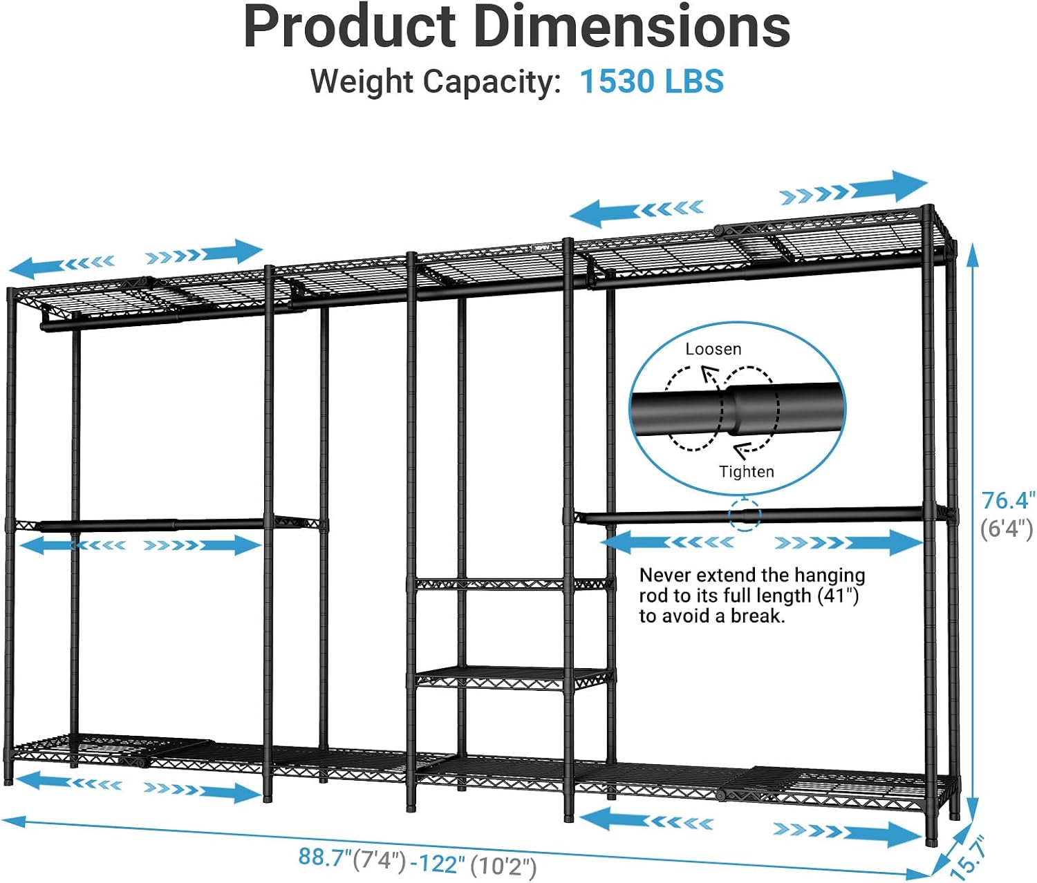 VIPEK X4 Expandable Heavy Duty Clothes Rack, Adjustable from 7'4' to 10'2' with Adjustable Shelves and Hanger Rods, Large Wardrobe Closet Reach-in & Walk-in Closet Metal Clothing Rack, 1530 LBS, Black
