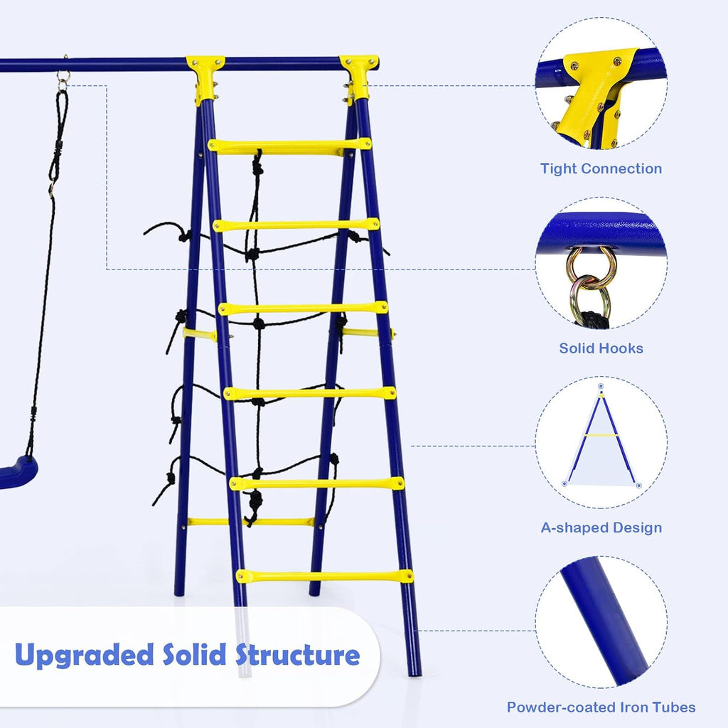 GLACER Swing Sets for Backyard, 550Lbs All-in-1 Large Kids Playground w/Ground Stake, Basketball Hoop & Saucer Swing, Climbing Ladder & Net, A-Shape Metal Heavy-Duty Outdoor Playgset, Boys & Girls