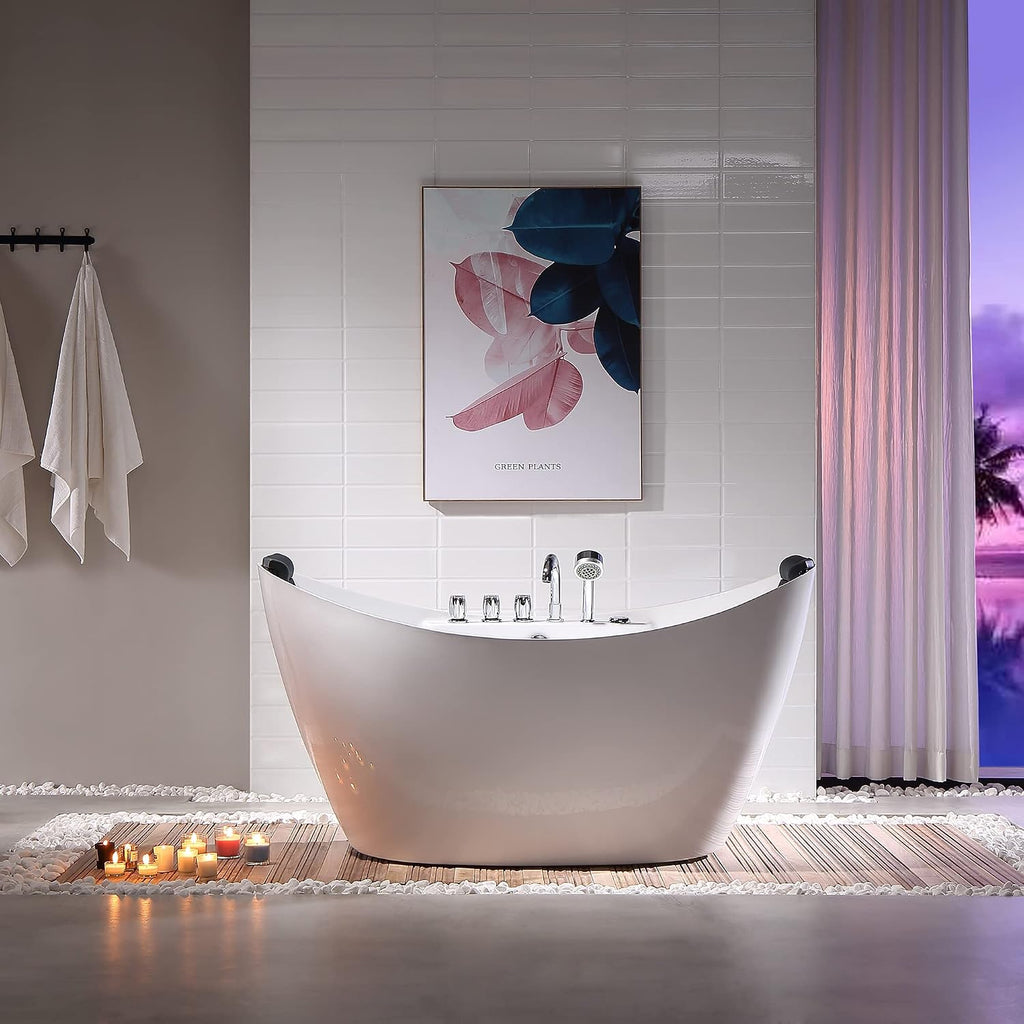 Empava 59 inch Acrylic Freestanding Tub Hydromassage Gracefully Oval Shaped Whirlpool 8 Water Jets Soaking SPA, Double-Ended Massage Bathtub with 2 Black Pillows, White