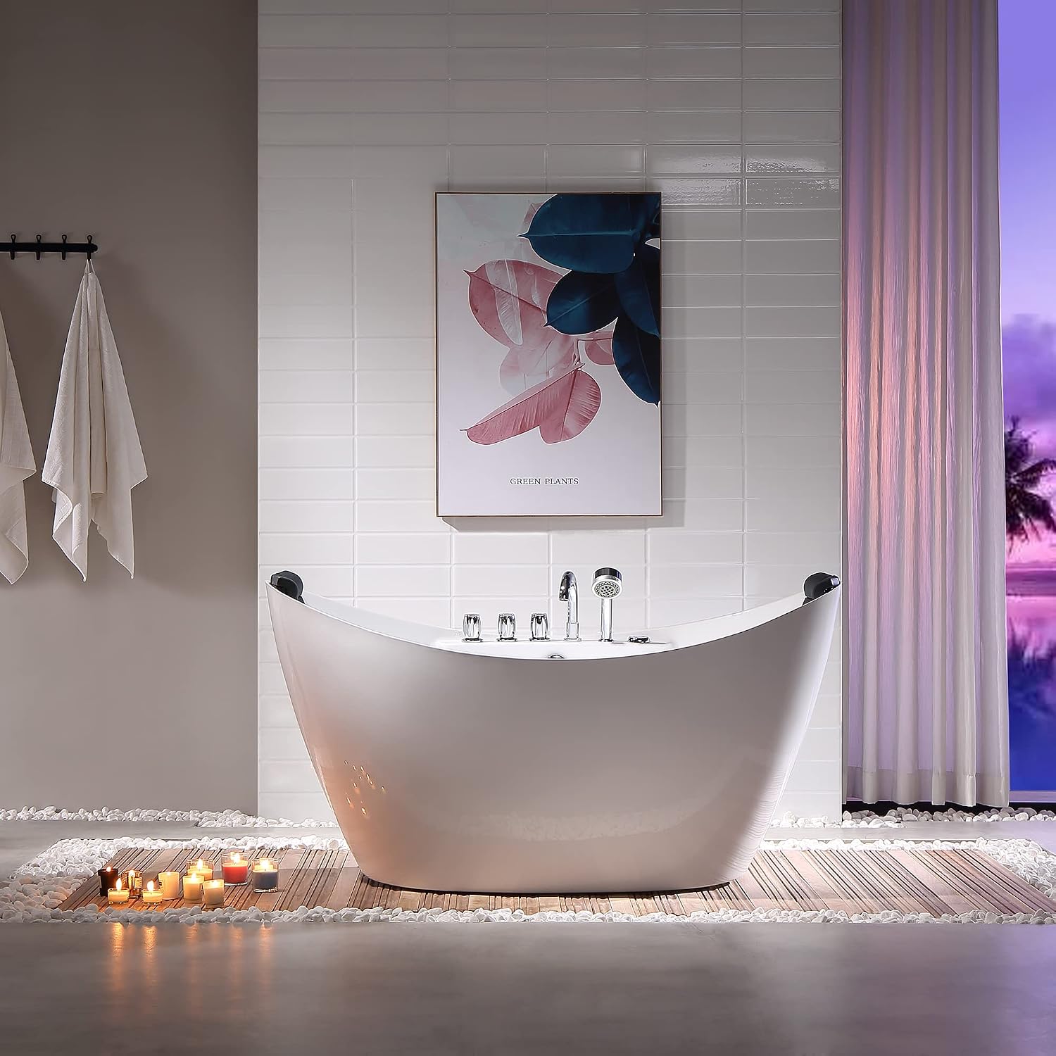 Empava 59 inch Acrylic Freestanding Tub Hydromassage Gracefully Oval Shaped Whirlpool 8 Water Jets Soaking SPA, Double-Ended Massage Bathtub with 2 Black Pillows, White