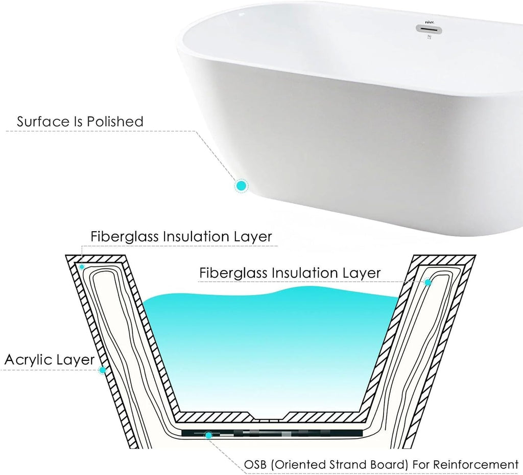 FerdY Bali 59' Acrylic Freestanding Bathtub, Gracefully Shaped Freestanding Soaking Bathtub, Toe-Tap Chrome Drain and Classic Slotted Overflow Included, Glossy White, cUPC Certified