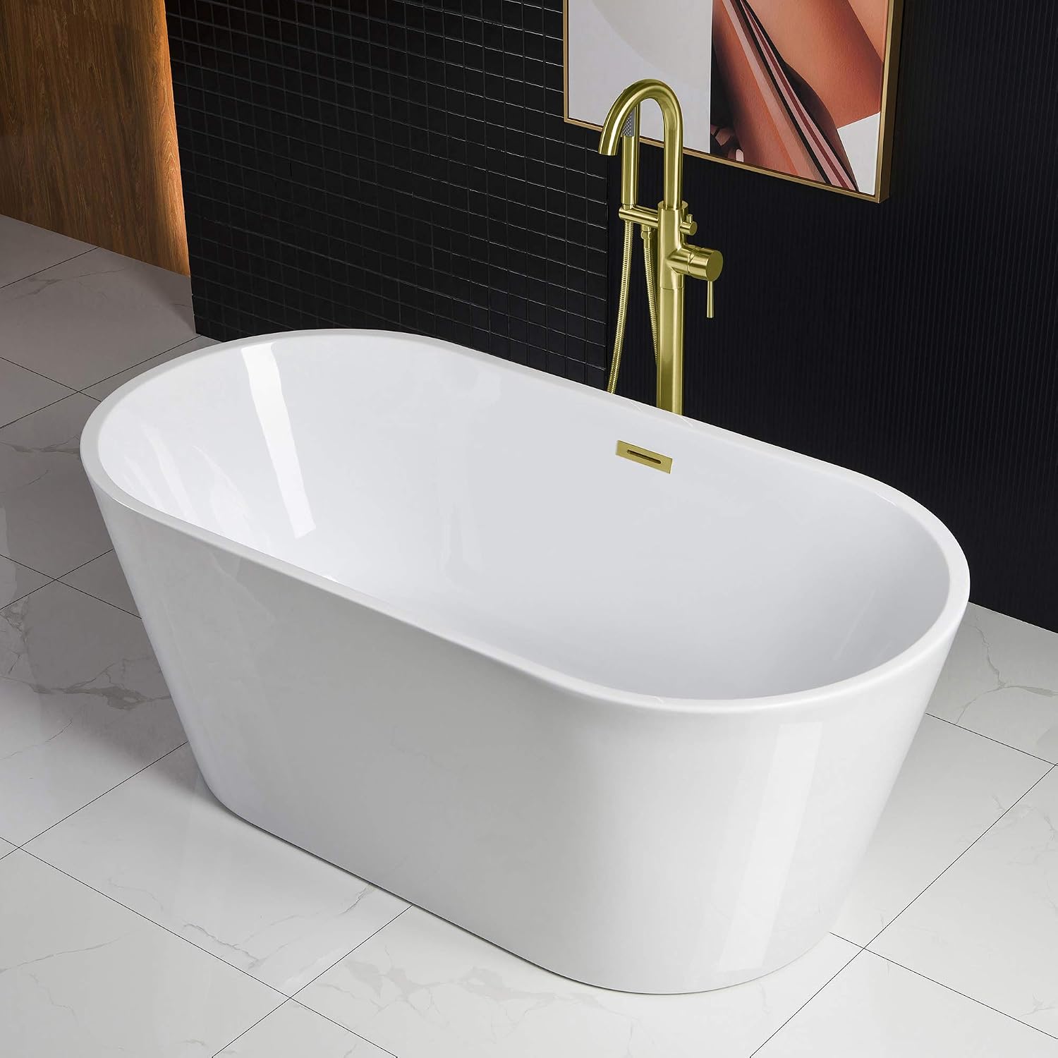 WOODBRIDGE 59' Acrylic Freestanding Bathtub Contemporary Soaking White Tub with Brushed Gold Overflow and Drain，B0102 -BG-Drain &O
