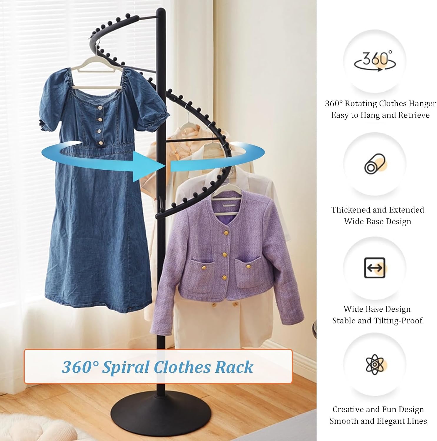 Spiral Clothing Rack 360° Rotating, Heavy-Duty Retail Garment Rack with Wide Base, Freestanding Clothes Organizer Hanger, for Bedroom, Living Room(Black)