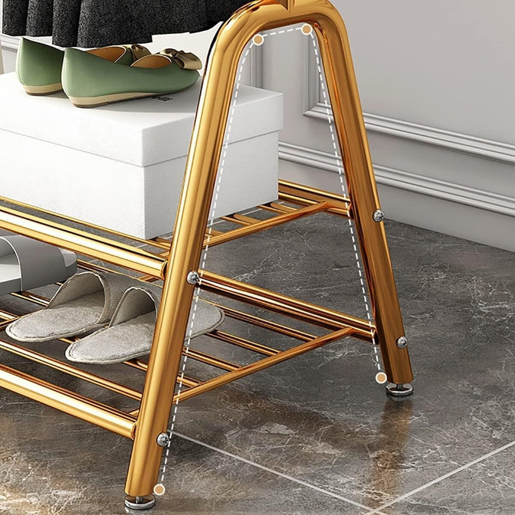Metal Clothes Rod Rack with Shoe Bench, Coat Stand with Top Rod and Bottom Shelf, Freestanding Garment Rack for Bedroom
