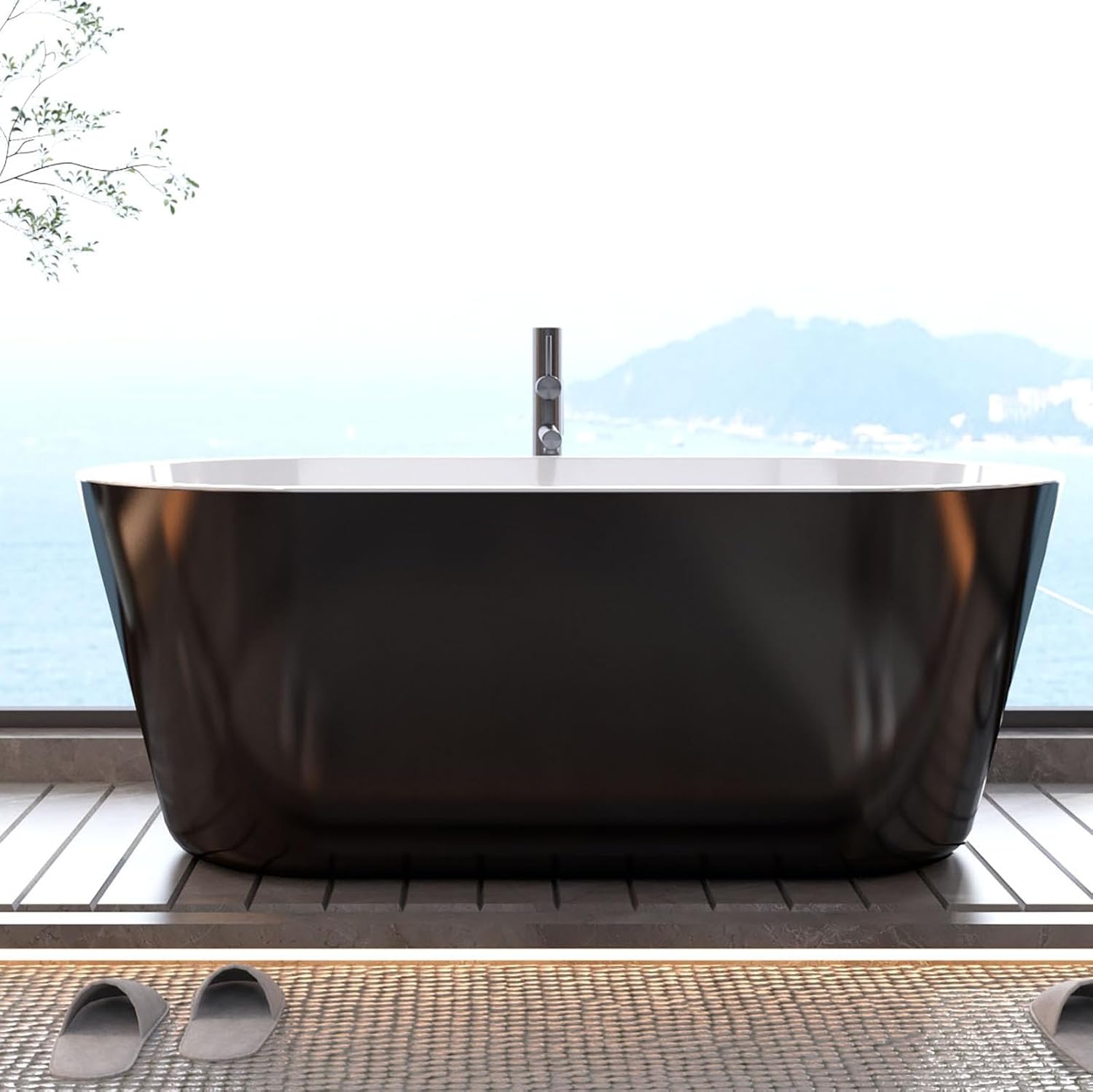 Freestanding Bathtub 67 inch Black and White Acrylic Soaking Tub with Chrome Drain and Overflow, Deep Home Spa Bath for Bathroom Remodel and Comfortable Soaking