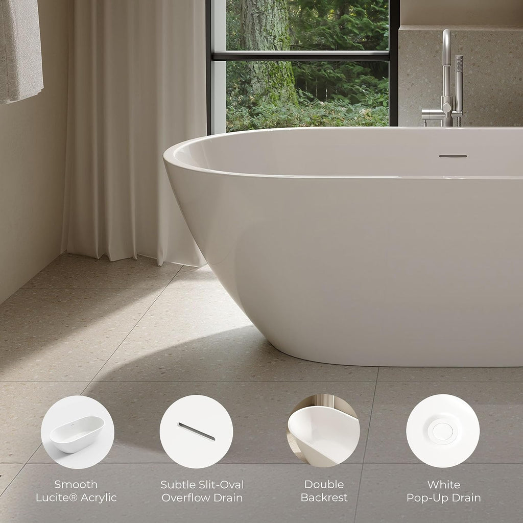 OVE Decors Ayago 66 in. Solid Surface Freestanding White Acrylic Soaking Bathtub, with Overflow and White Pop-up Drain
