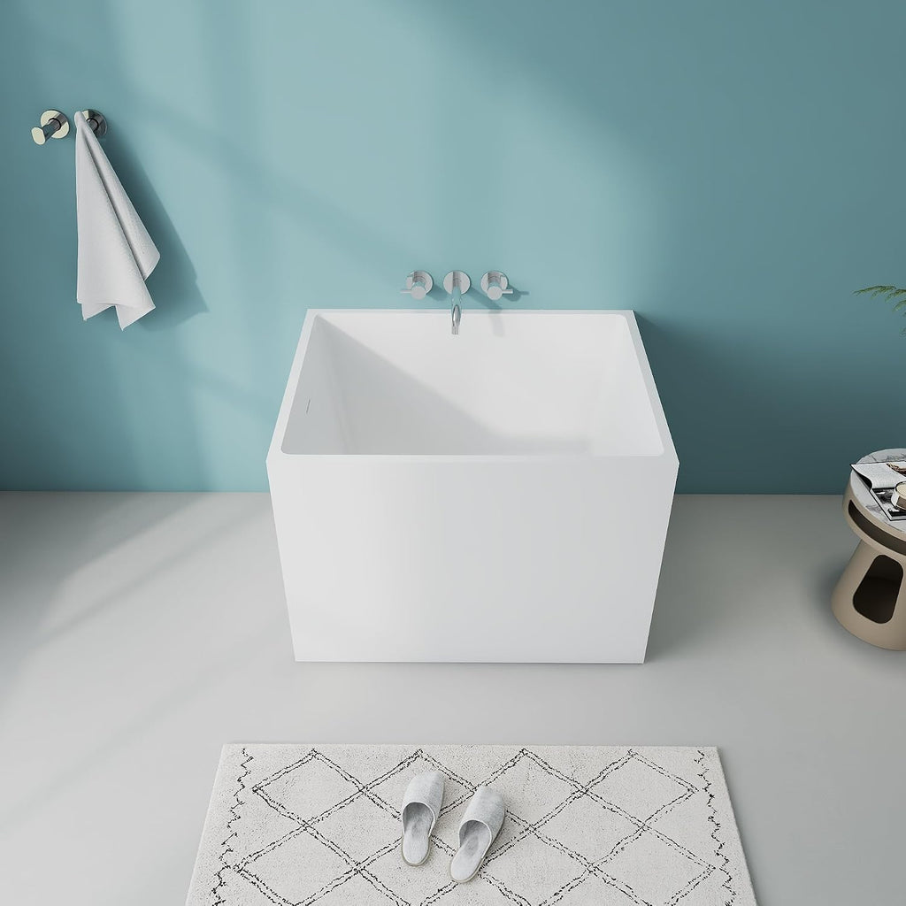 35.4' Modern Gloss White Free Standing Tub White Acrylic Tub | Unique Stand Alone Soaking Small Tub with Overflow and CUPC Drain