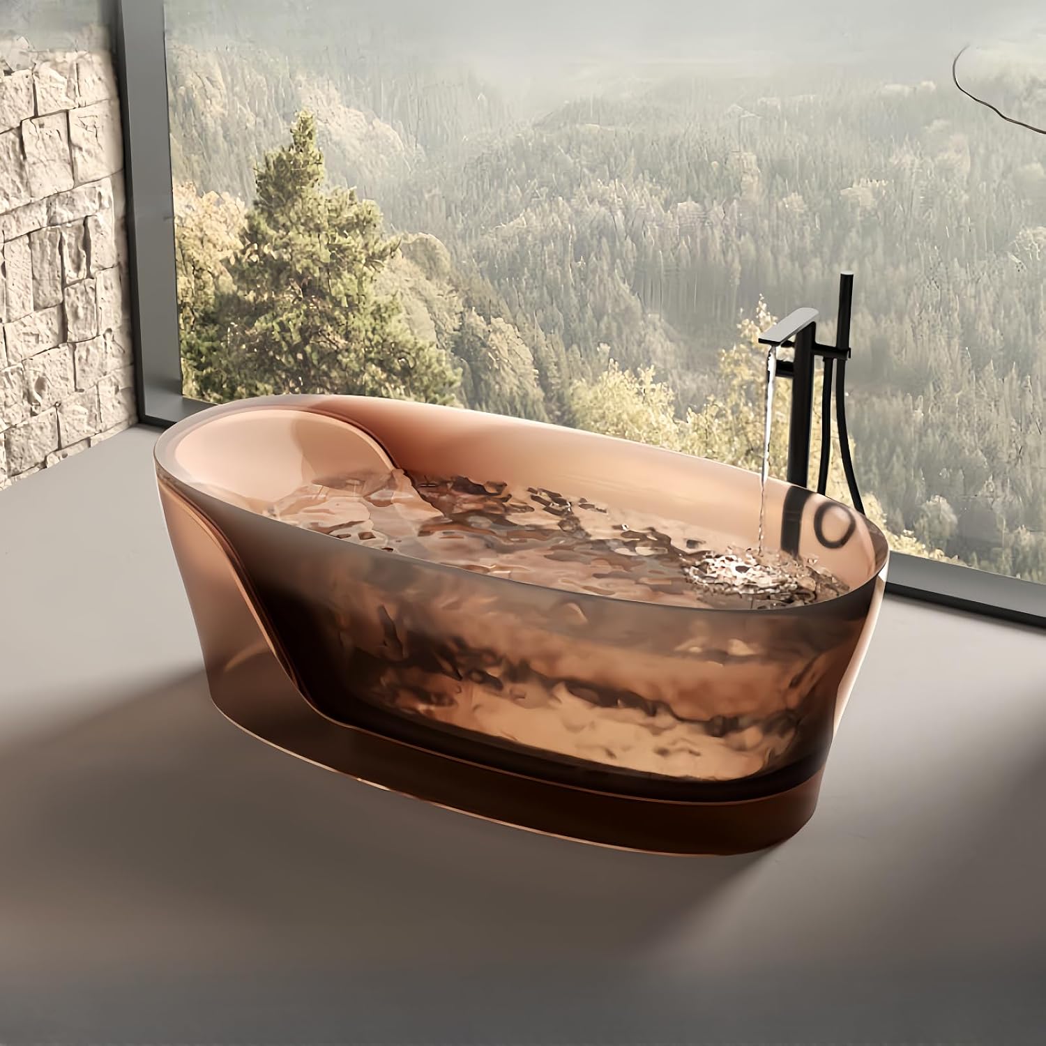 68' Edeyeu Colorful Freestanding Bathtub - Modern Crystal-Like Soaker Tub with Natural Resin Material, Durable Stand Alone Bathtub for Luxury Bathroom Décor, with drainBrown