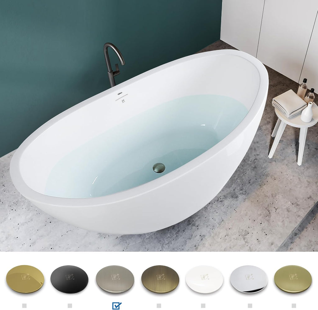 FerdY Naha 59' Acrylic Freestanding Bathtub, Curve Edge Freestanding Soaking Bathtub, Glossy White, cUPC Certified, Brushed Nickel Drain & Minimalist Linear Design Overflow Included, 02588