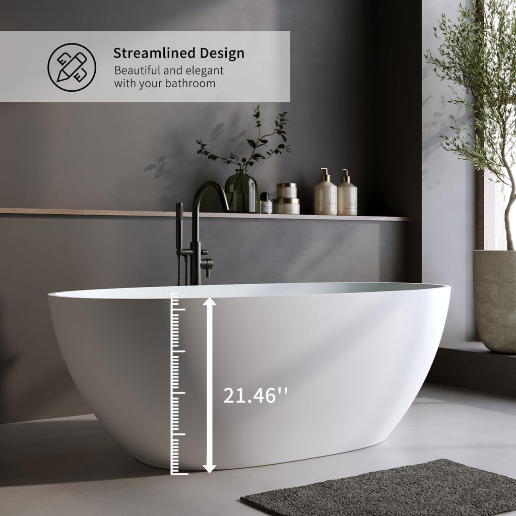 55' Solid Matte Tub, Stone Resin Freestanding Bathtub with Overflow, Pop-up Drain, Matte White (Oval)
