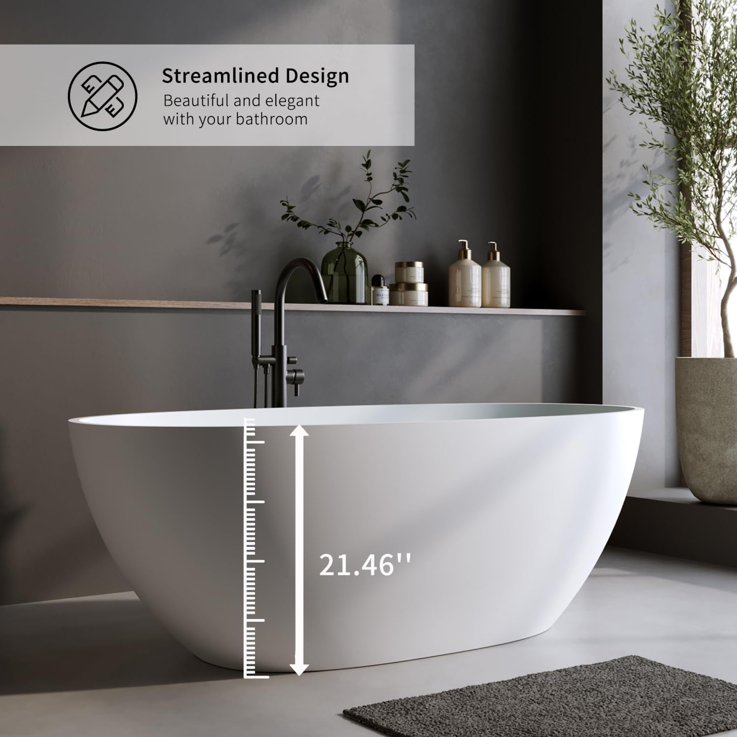55' Solid Matte Tub, Stone Resin Freestanding Bathtub with Overflow, Pop-up Drain, Matte White (Oval)