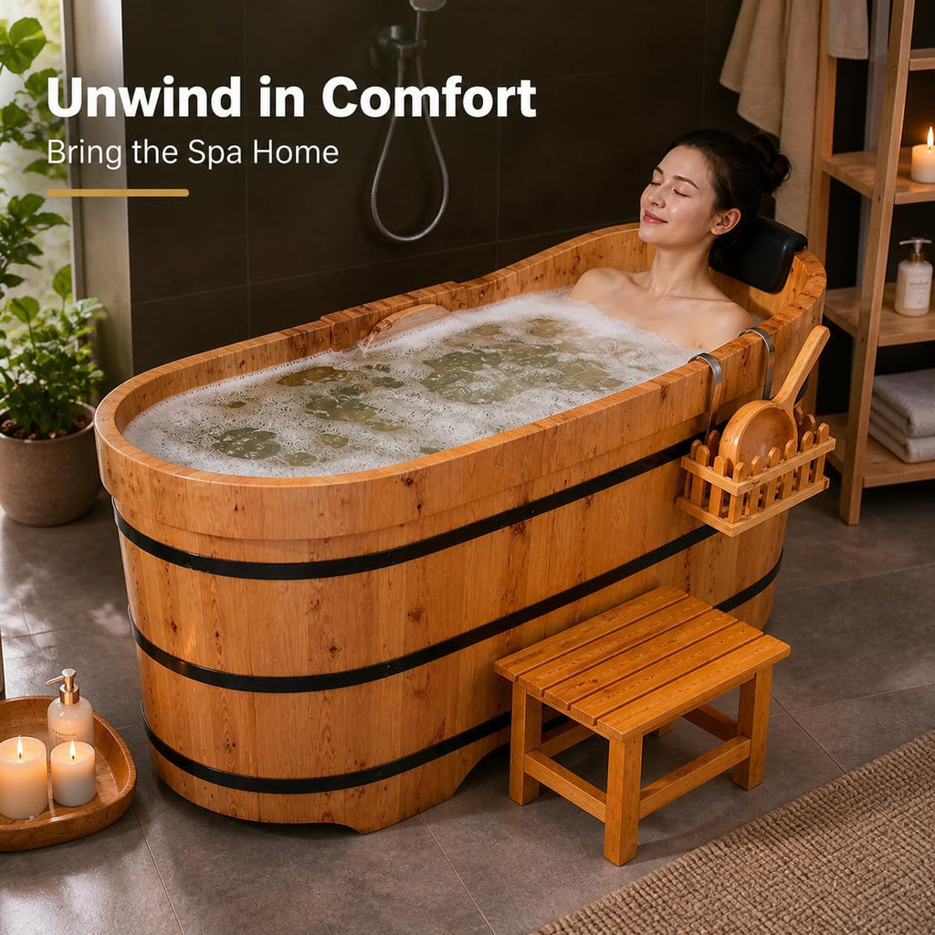 Multiple Sizes Soaking Tub Cedar Wood To Make An Adult Wooden Bathtub With Multiple Accessories To Combine Bathing Japanese Wooden Bathtubs (Natural Wood Color - Standard Package, 51.18 IN)