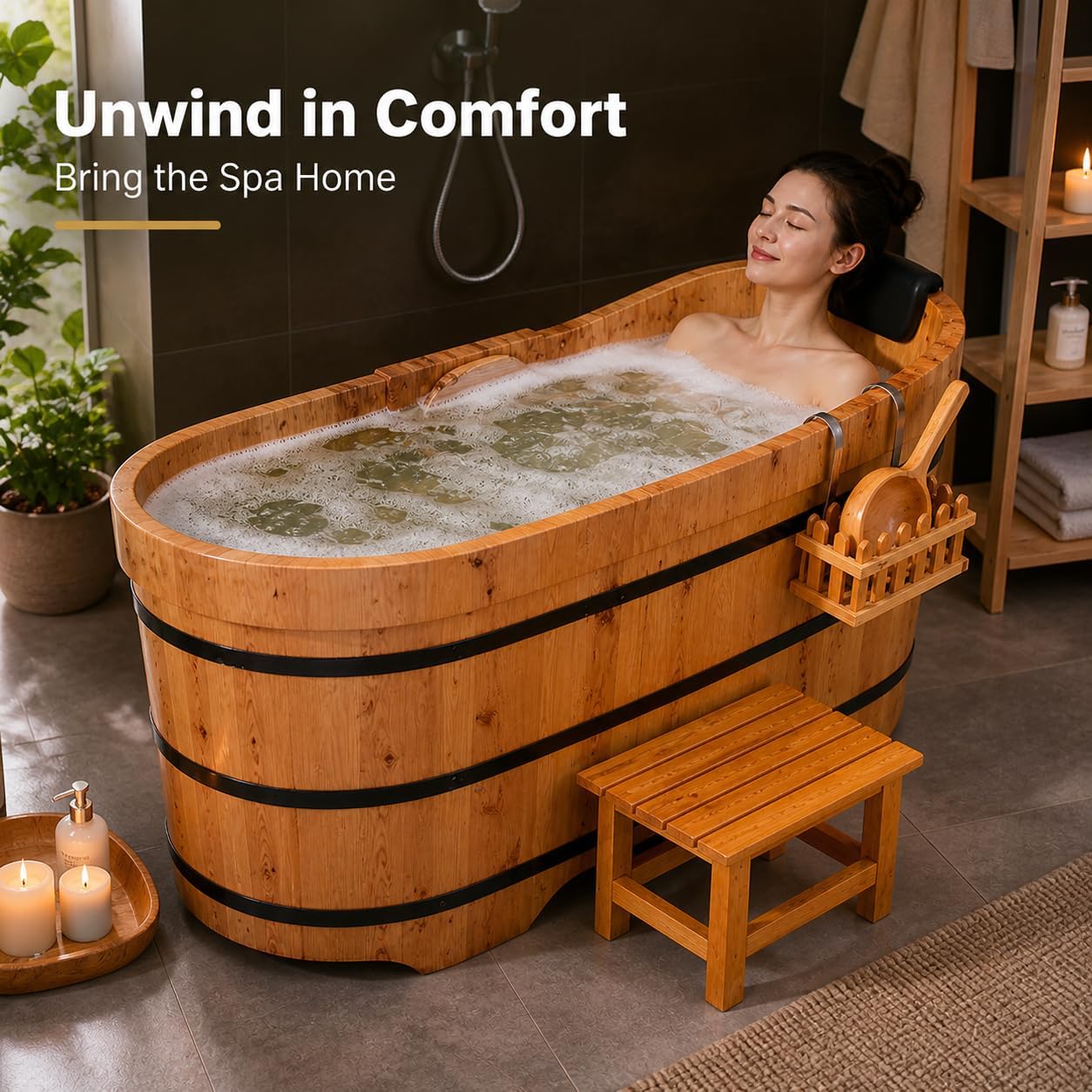 Multiple Sizes Soaking Tub Cedar Wood To Make An Adult Wooden Bathtub With Multiple Accessories To Combine Bathing Japanese Wooden Bathtubs (Natural Wood Color - Standard Package, 51.18 IN)