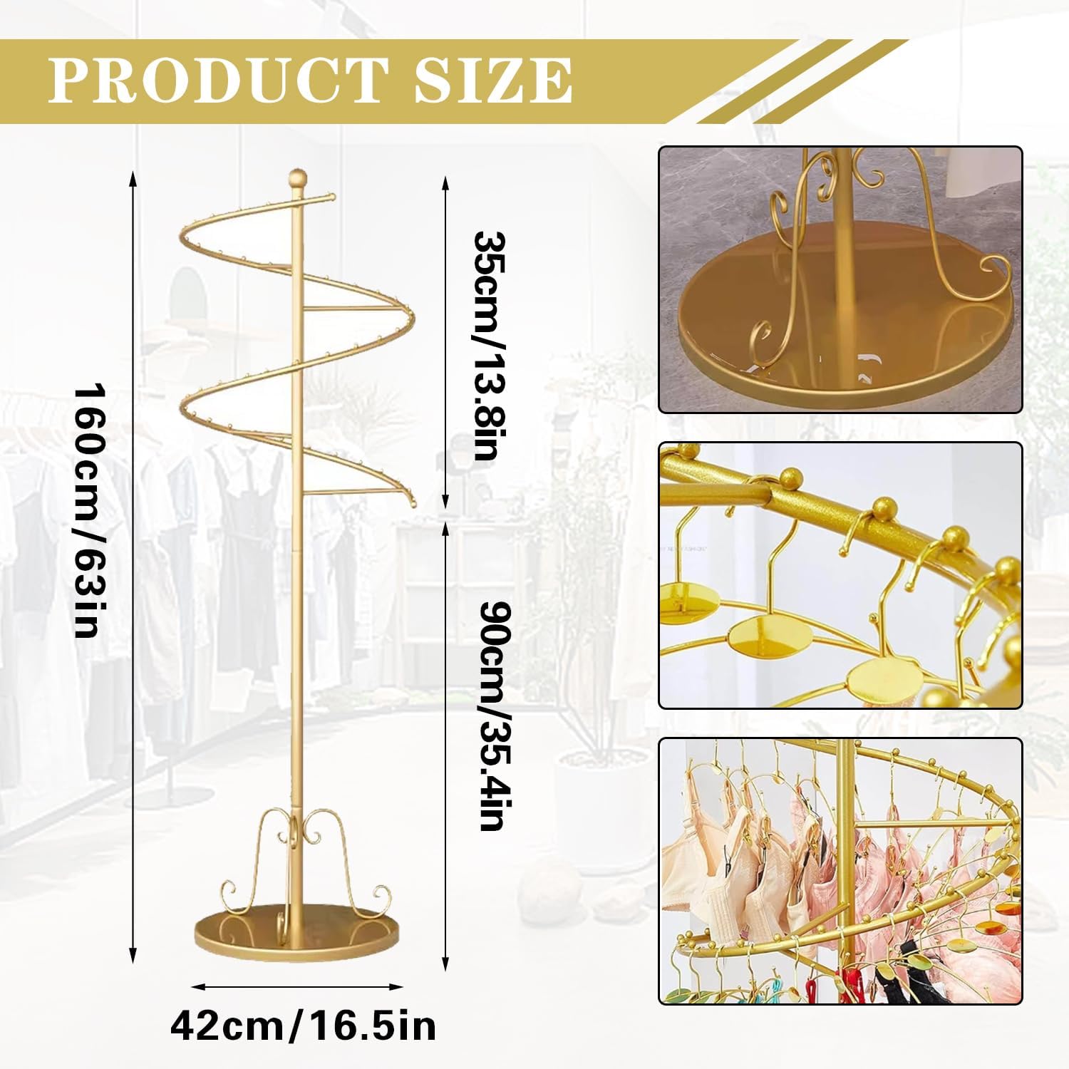 ( Floor Standing Spiral Garment Rack, Gold Round Retail Underwear Display Stand, 63' H Nanogold Portable Hanging Rack, for Mall Socks Shorts Storage Rack,Gold (Gold))
