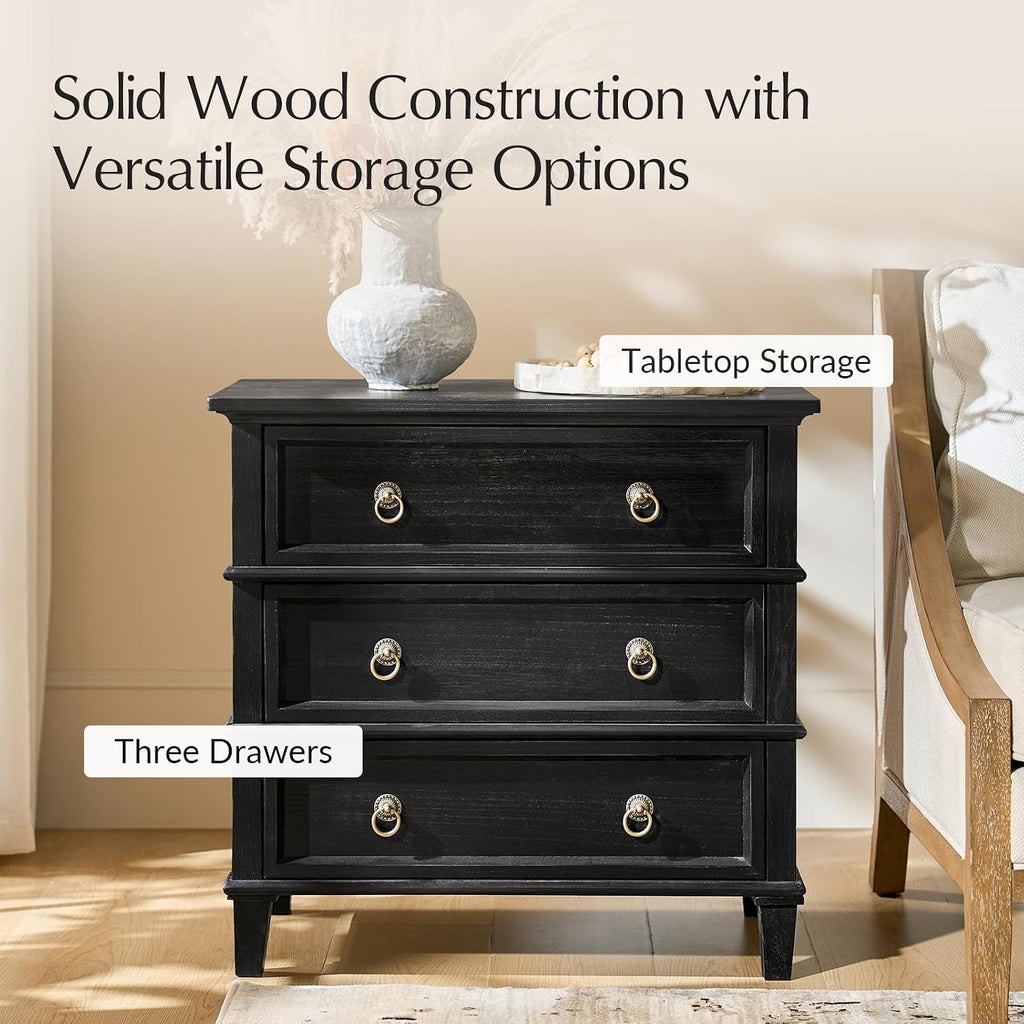 HULALA HOME Farmhouse End Tables Set of 2 with 3 Drawers, Paulownia Solid Wood Side Table with Vintage Knobs, Ancient End Table with Charging Station, Easy Assembly, Charcoal