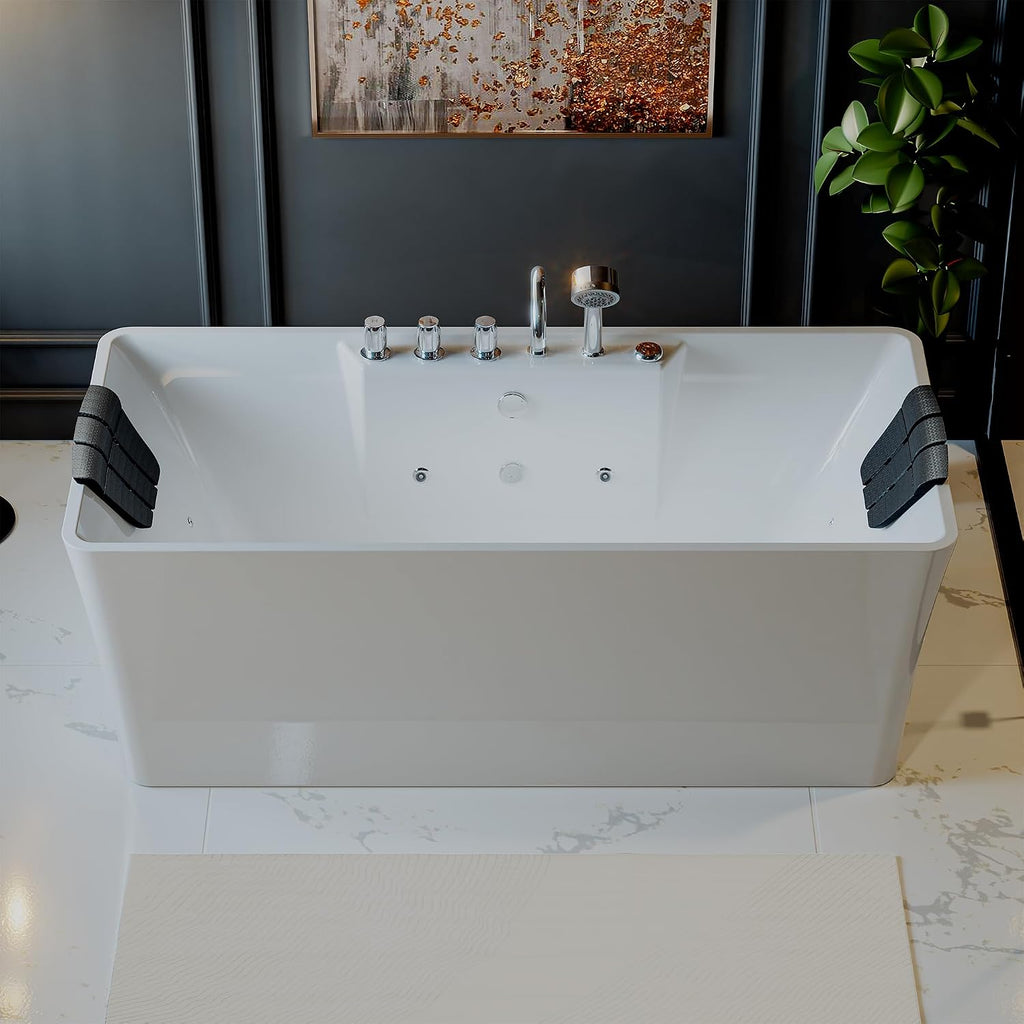 Empava 59' x 30' Freestanding Whirlpool Tub,560W Stand Alone Jetted Bathtub,ETL Certified,Center Drain,Acrylic, 60 Gallons, Rectangle Spacious for Big-Boned or Busty Sizes