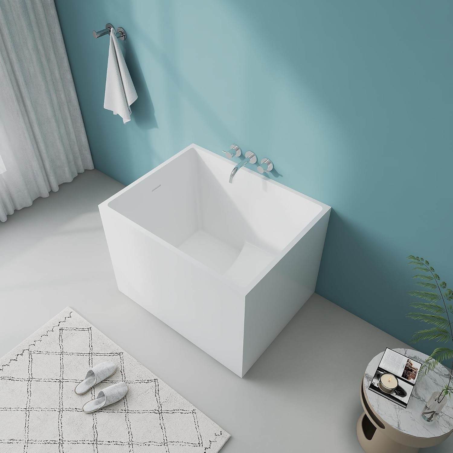 35.4' Modern Gloss White Free Standing Tub White Acrylic Tub | Unique Stand Alone Soaking Small Tub with Overflow and CUPC Drain