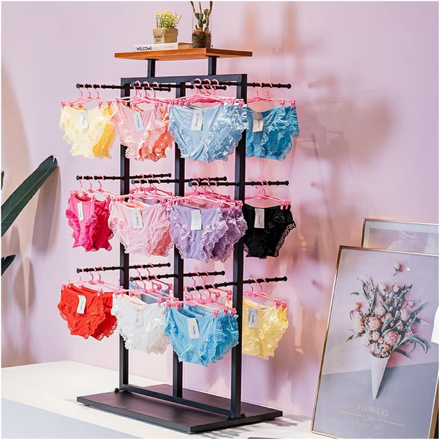 Boutique Underwear Metal Display Racks, Freestanding Clothing Store Commercial Shelves, Multifunctional Lingerie Slippers Shorts Swimwear Scarves Gloves Storage Hanger (Color : Black, Size