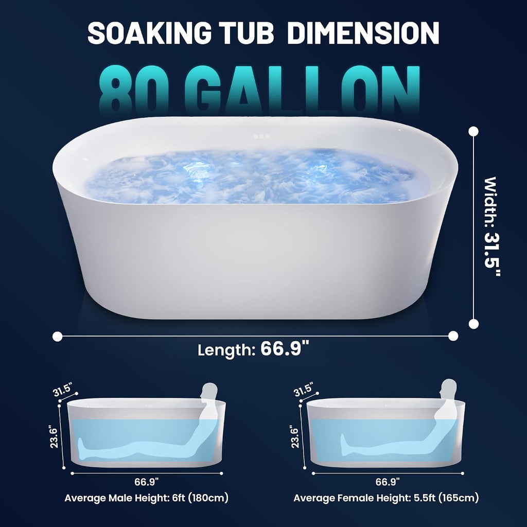 ANZZI 67' Freestanding Tub, Air Bubble Acrylic Freestanding Bathtub, White Acrylic + Fiberglass, Soaking Tub, Drain and Overflow, Light Up Control Pad (AMZ-FT-67)