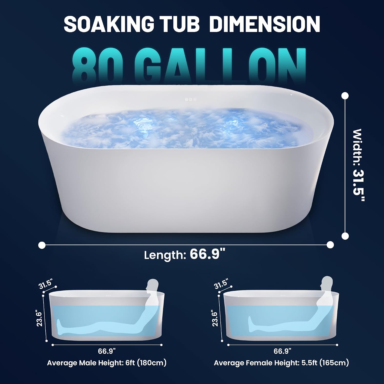 ANZZI 67' Freestanding Tub, Air Bubble Acrylic Freestanding Bathtub, White Acrylic + Fiberglass, Soaking Tub, Drain and Overflow, Light Up Control Pad (AMZ-FT-67)