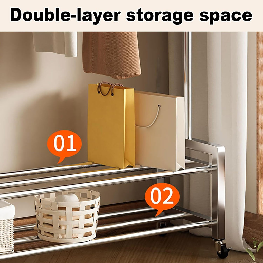 Heavy Duty Clothes Rack, Metal Garment Rack On Wheels, Rolling Portable Wardrobe Racks With Mesh Shelves For Hanging Clothes, Silver(80cm/31.5in)