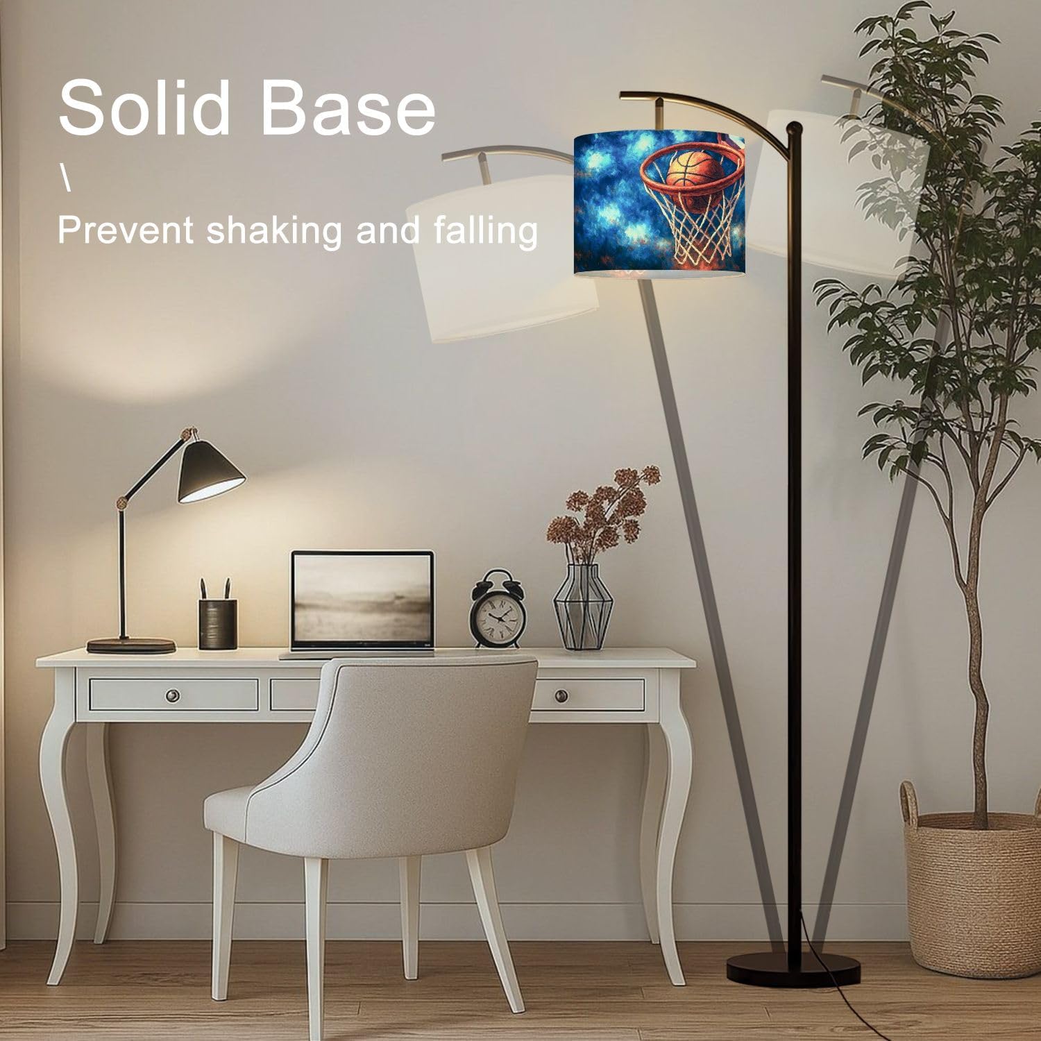 Arc Floor Lamp Sports Baseball Sport Theme Vintage Basketball Hoop Net Sky Dynamic Tall Standing Lamp Modern Dimmable with Remote Adjustable Drum Shade Footswitch for Living Room Bedroom Office