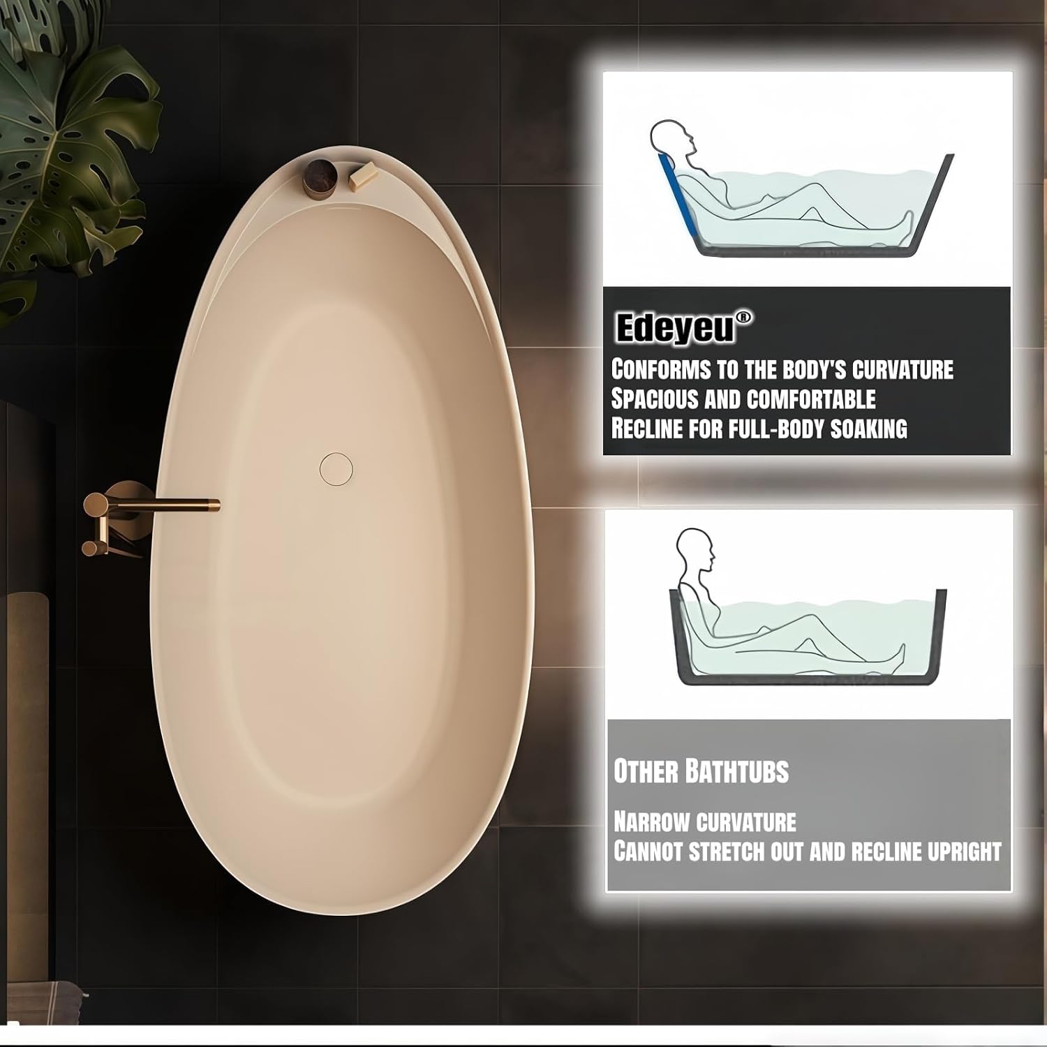 Freestanding Bathtub - Oval Solid Surface Bathtub, Ergonomic Soaker Tub, Modern Extra Deep Stand Alone Tub, with Drain, Suitable for Apartments, Villas, Hotels (Beige, 60')