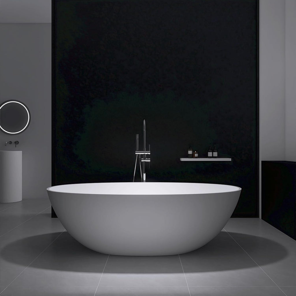 Tubcraft 71' Stone Resin Freestanding Bathtub, Modern Solid Surface Luxury Stand Alone Soaking Tub with Pop-up Drain and Overflow, Matte White,303MW1800