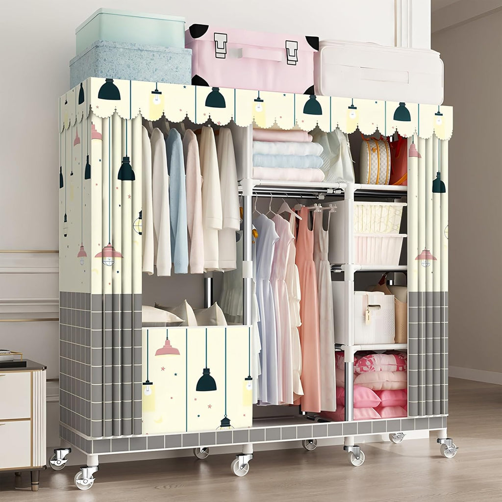 Portable Closet Organizers with Wheels Wardrobe with Shelves and Hanging Rod Non-Woven Fabric Cover Clothing Rack Rolling Closet Rack for Cloakroom Bedroom(Beige,143X45X170CM)