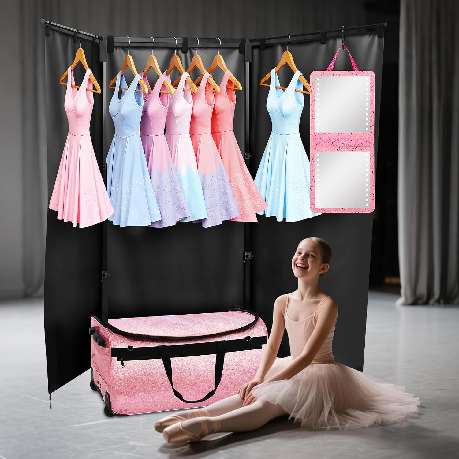 Dance Bag with Garment Rack and Curtain, 28' Rolling Dance Competition Duffle Bag with Garment Rack | Mobile Changing Station Dance Suitcase for Dancer Athlete Livestreamer Cheerleader Cosplayer
