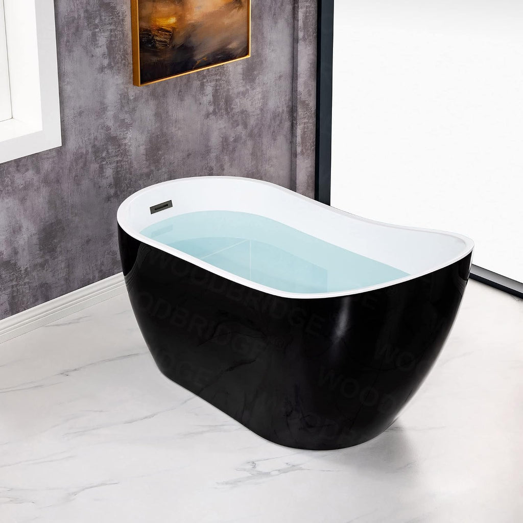 WOODBRIDGE 54' Freestanding White Acylic Soaking Bathtub with Matte Black Drain and Overflow,Black,B1807-MB