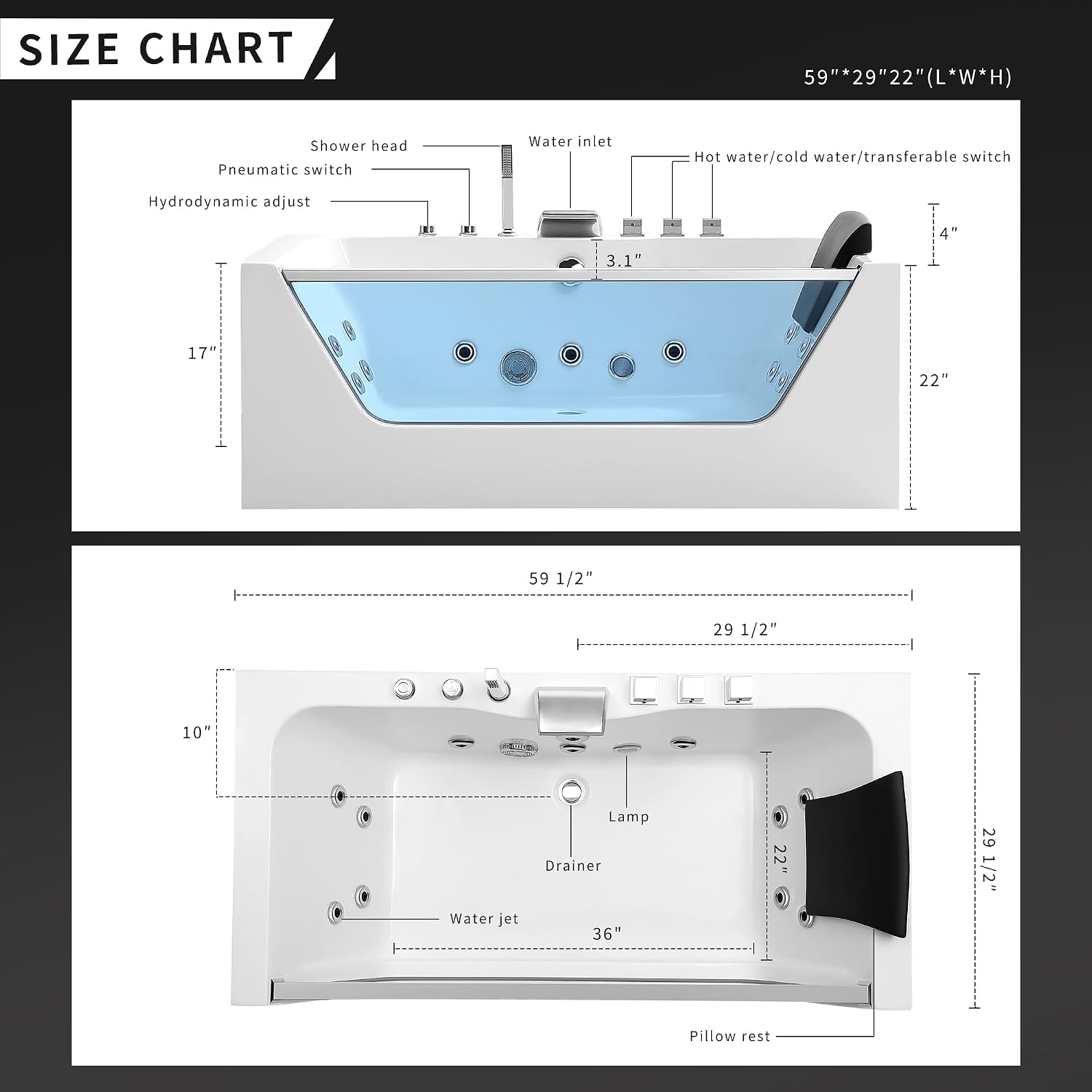 Empava 59' Acrylic Alcove Whirlpool Bathtub - 11 Jets Hydromassage with Chromatherapy, 750W, 58 Gallons, 3-Side Apron, Waterfall Faucet & ETL Certified