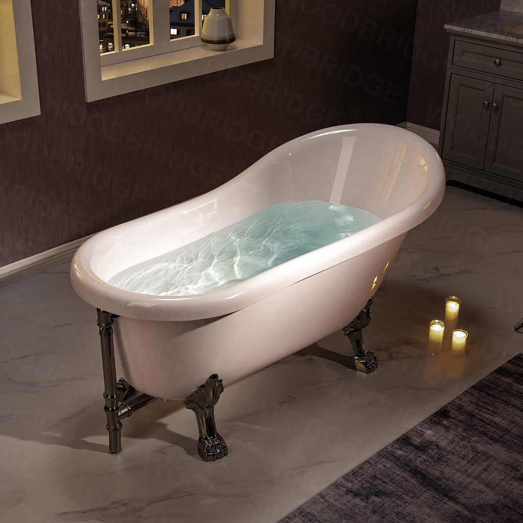 WOODBRIDGE 59' Heavy Duty Acrylic Slipper Clawfoot Bath Tub with Matte Black Feet + Matte Black Drain &Overflow