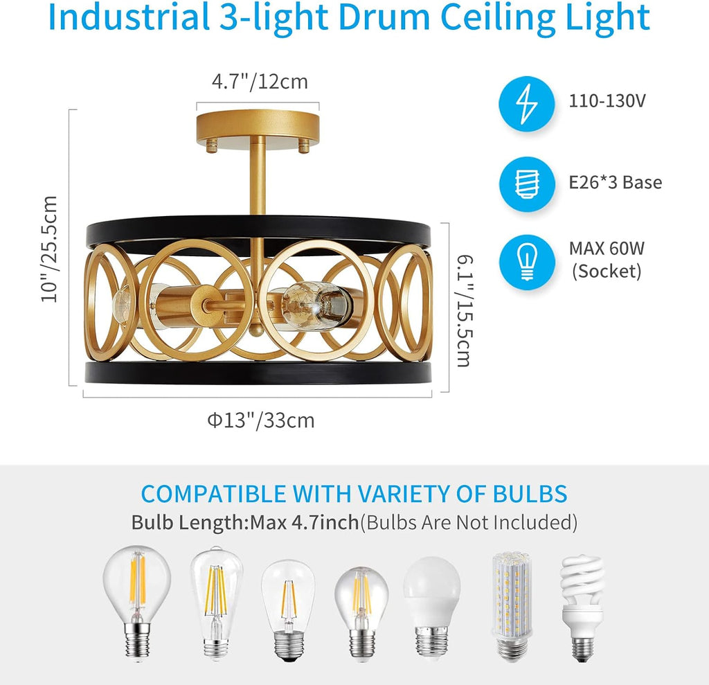 XINGQI 13' Modern Semi Flush Mount Ceiling Light Fixture, Black and Gold Drum Chandelier with Metal Shade Farmhouse Round Ceiling Lamp for Living Dining Room Bedroom