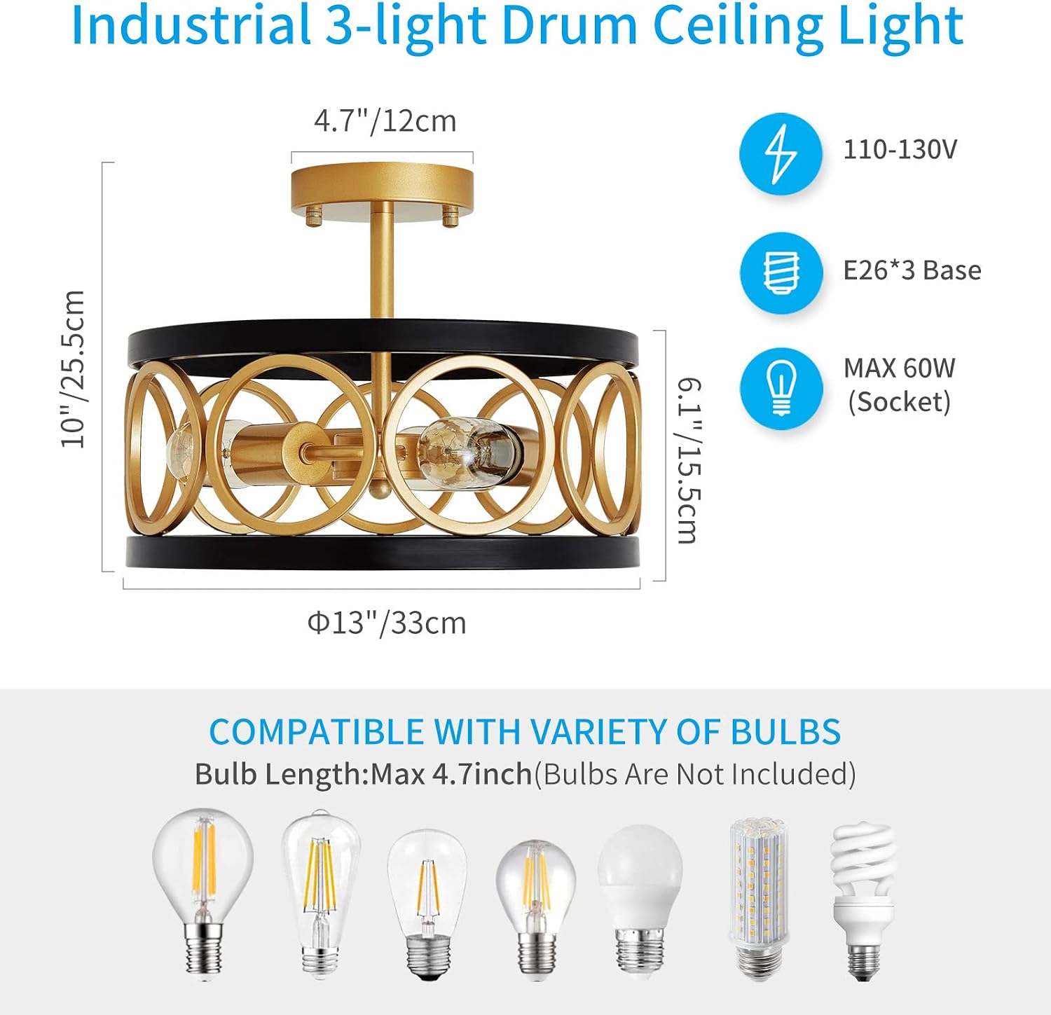 XINGQI 13' Modern Semi Flush Mount Ceiling Light Fixture, Black and Gold Drum Chandelier with Metal Shade Farmhouse Round Ceiling Lamp for Living Dining Room Bedroom