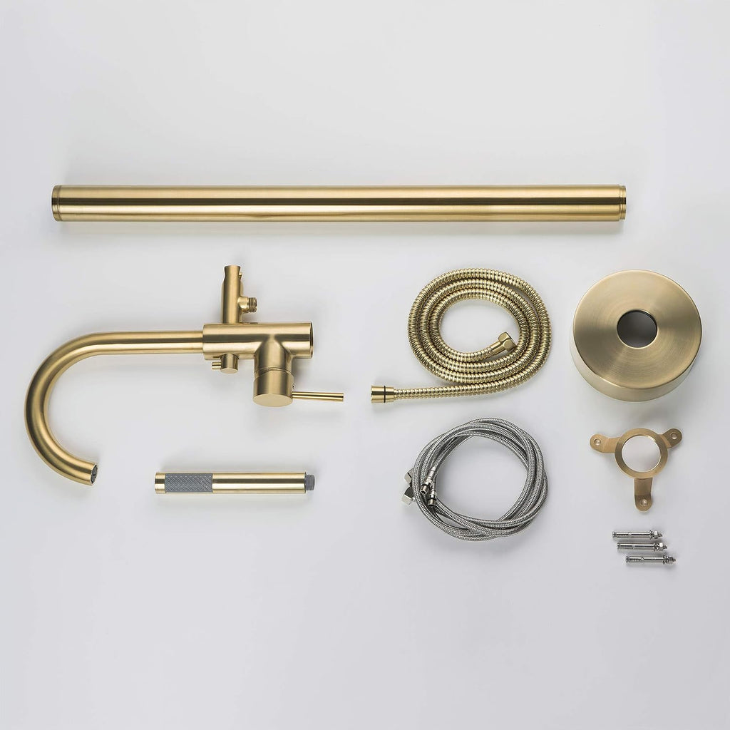 WOODBRIDGE F0007 BG Freestanding Tub Filler Bathtub Floor Mount Brass Bathroom Faucets with Hand Shower, F-0007 Golden, Brushed Gold