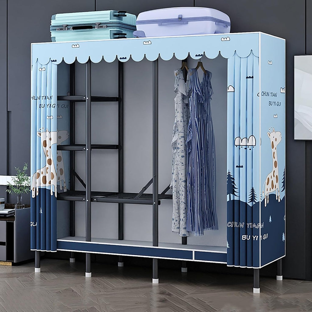 Portable Wardrobe Closet With Cover, Foldable Garment Rack With Hanging Rods, Metal Coat Storage Clothing Rack For Hanging Clothes, For Bedroom(Blue3,190cm/74.8inch)