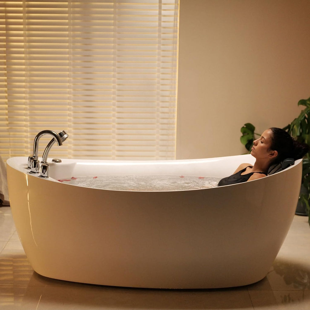 67 in. Acrylic Freestanding Bath Tub Hydromassage Gracefully Oval Shaped 7 Water Jets Soaking SPA, Single-Ended Massage Bathtubs with Pillow, White