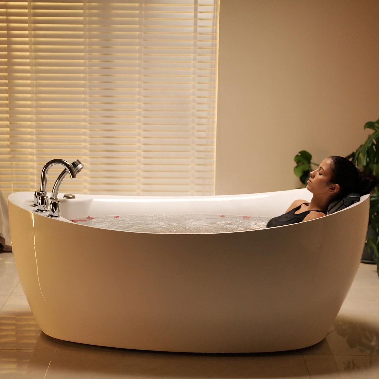 67 in. Acrylic Freestanding Bath Tub Hydromassage Gracefully Oval Shaped 7 Water Jets Soaking SPA, Single-Ended Massage Bathtubs with Pillow, White