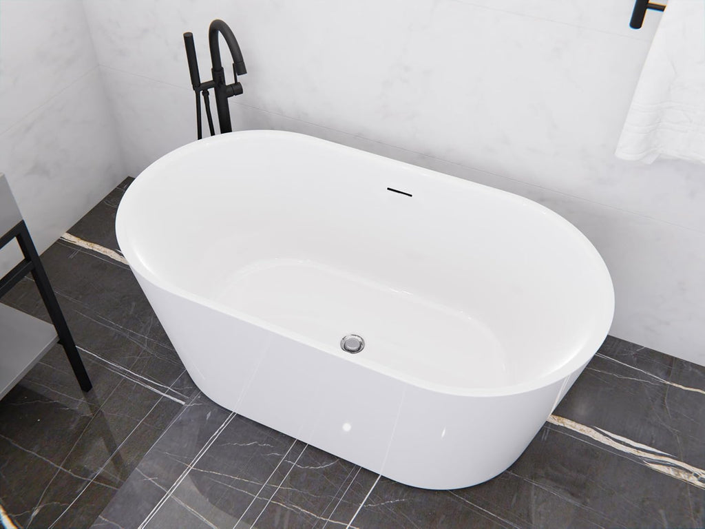 ANZZI Freestanding Acrylic Glossy White Deep Soaker Tub - 59' x 29' x 22' - 79 Gallons - Pre-plumbed, Overflow & Drain Included