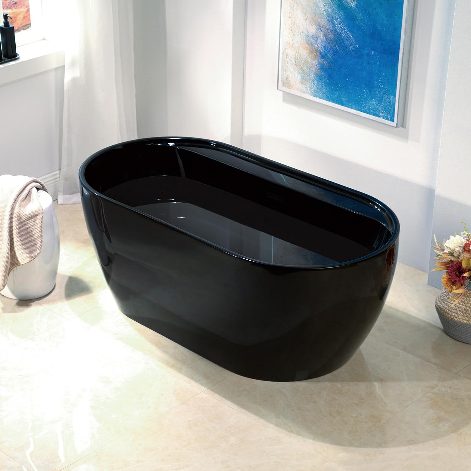 WOODBRIDGE 59' L x 31-1/2' W Freestanding Contemporary Acrylic Soaking Bathtub in Glossy Black Inside and Outside with Matte Black Drain & Overflow,B8864-MB