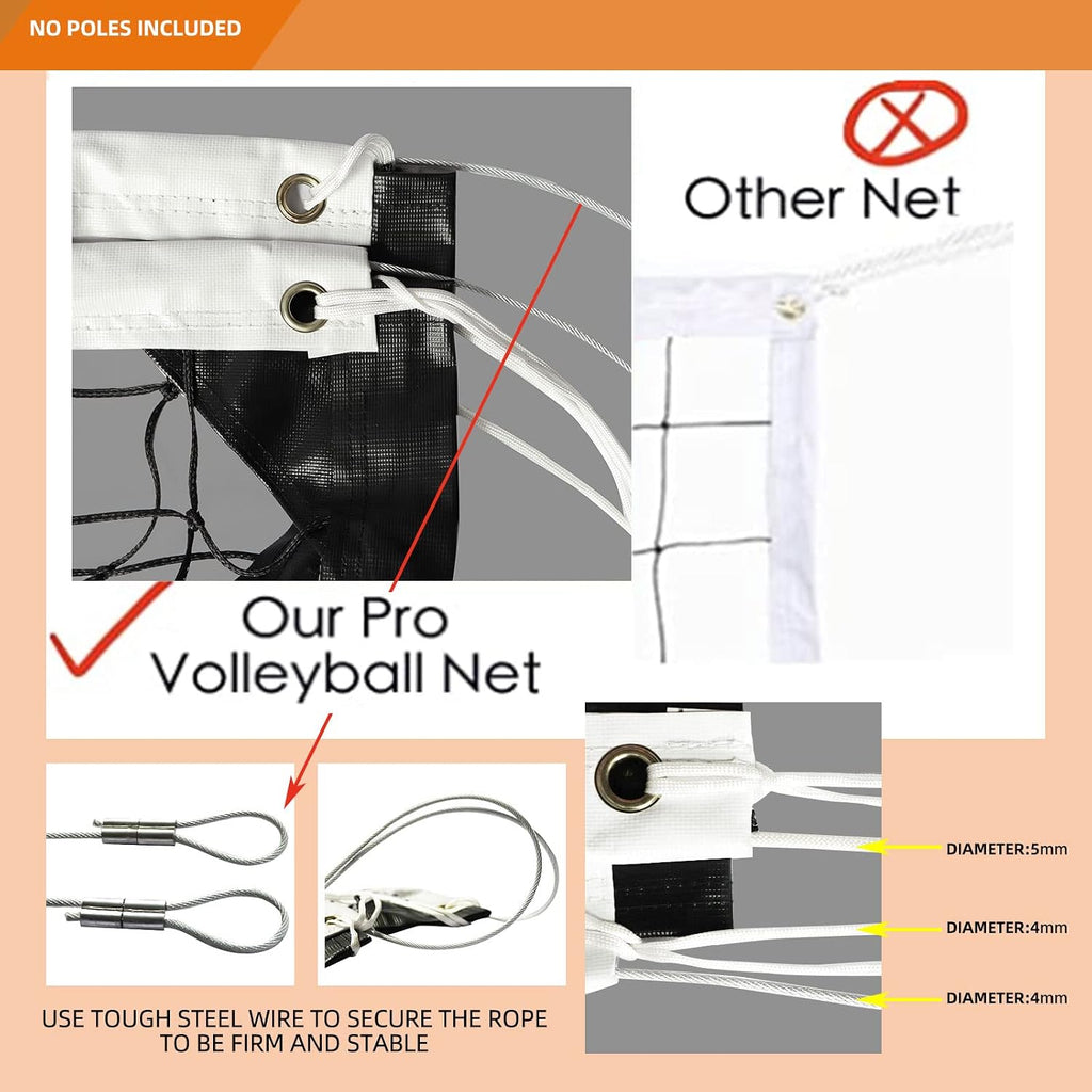Professional Volleyball Net Heavy Duty Replacement Net - 32x3 FT - Steel Cable & Reinforced Dowels, 4' Square Mesh - for Outdoor Indoor, Backyard, Beach, Court, Pool, Park, School, Drills