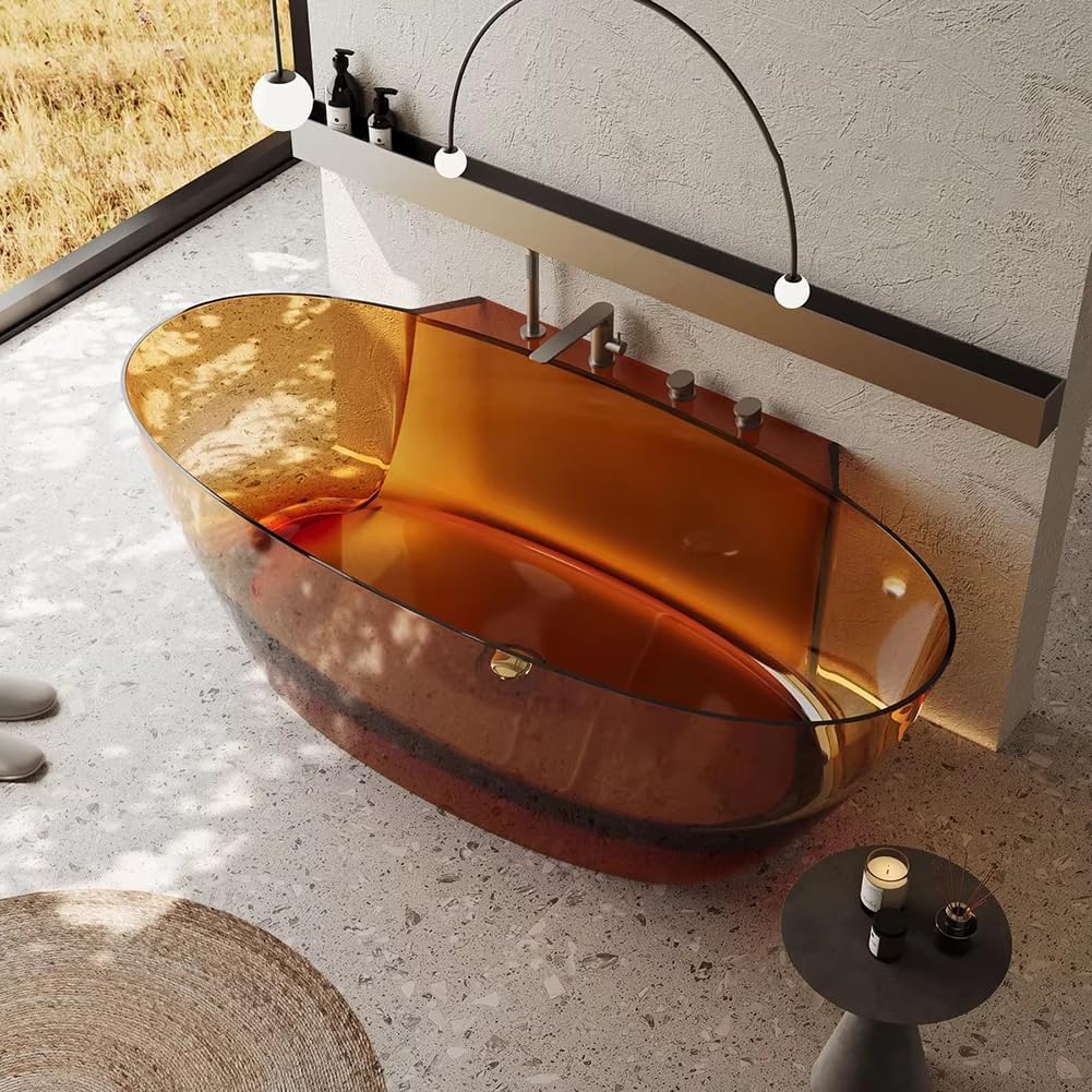 Ergonomic Luxury Spa Bathtub, Oval-Shaped Transparent Resin Tub with Drain, Handcrafted Extra-Deep Tub, Modern Spa Bathroom, 55-70 Inches,I l160cm