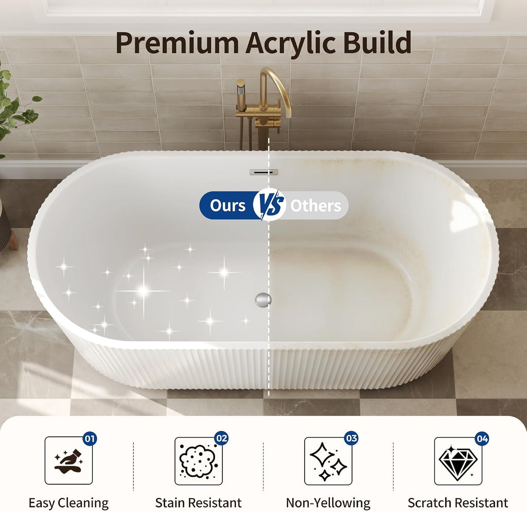 DeerValley 67' Acrylic Freestanding Bathtub, Easy Install Standalone Deep Soaking Tub with Fluted Design, Modern Ergonomic Shower Tub with Center Drain in White, DV-1T0583