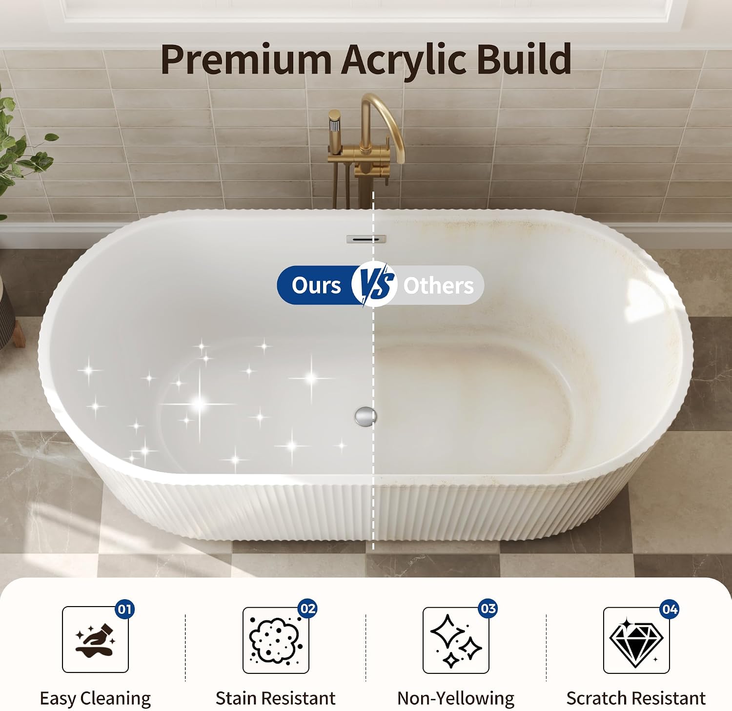DeerValley 67' Acrylic Freestanding Bathtub, Easy Install Standalone Deep Soaking Tub with Fluted Design, Modern Ergonomic Shower Tub with Center Drain in White, DV-1T0583