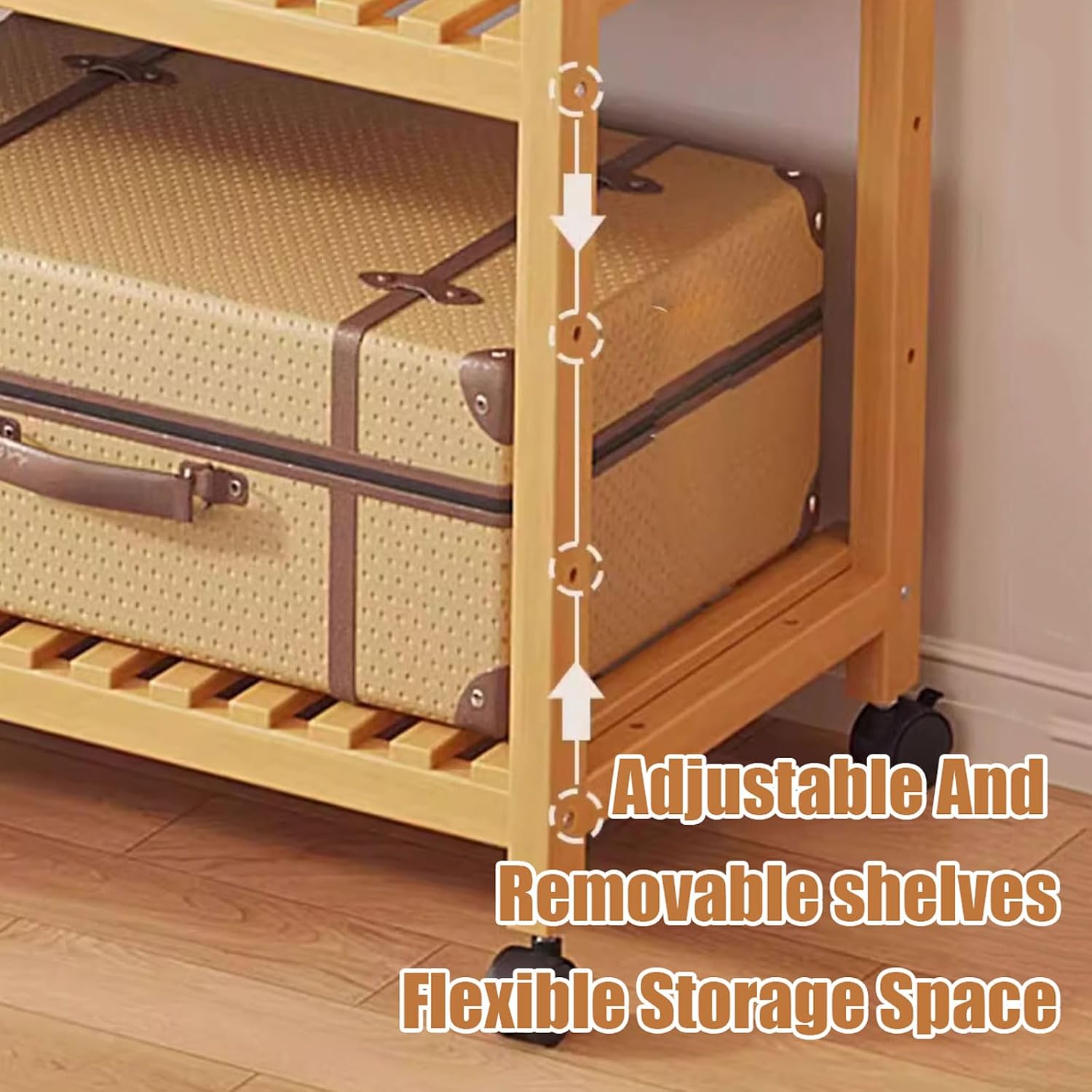 Bamboo Clothing Rack on Wheels, Rolling Clothes Rail Rack with Adjustable Storage Shelves and Hanging Rails, Free Standing Garment Rack for Bedroom Living Room